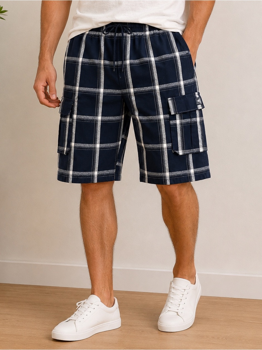 Shaka Wear Men’s Relaxed Fit Cotton Plaid Cargo Shorts 2XL Navy 4Fron/2Bk Pckts